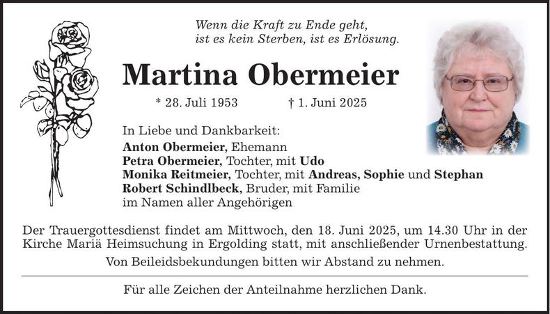 Traueranzeige Martina Obermeier