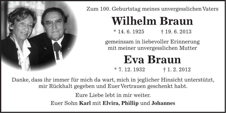 Traueranzeige Wilhelm und Eva Bra