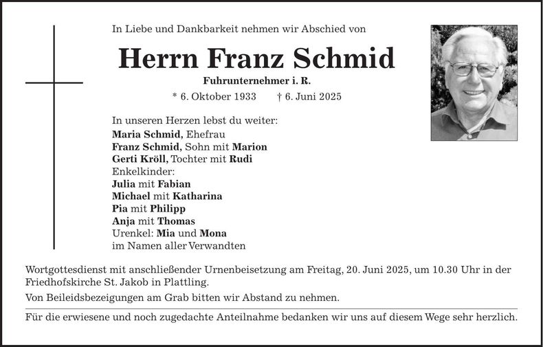 Traueranzeige Franz Schmid