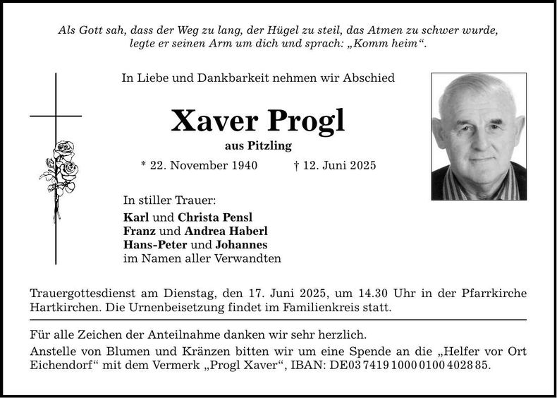 Traueranzeige Xaver Progl