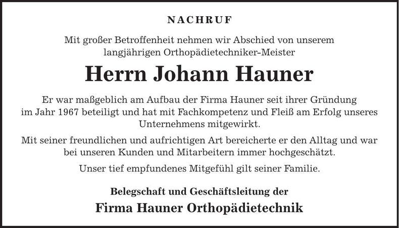 Traueranzeige Johann Hauner