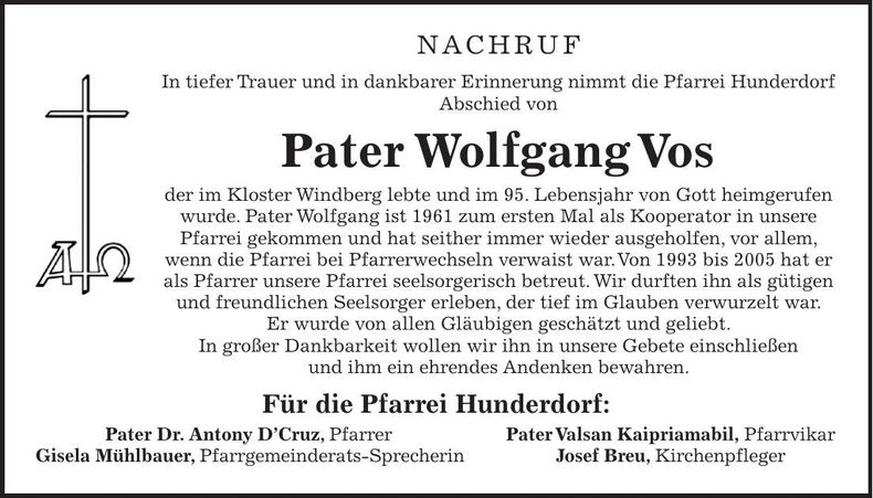 Traueranzeige Wolfgang Pater Vos