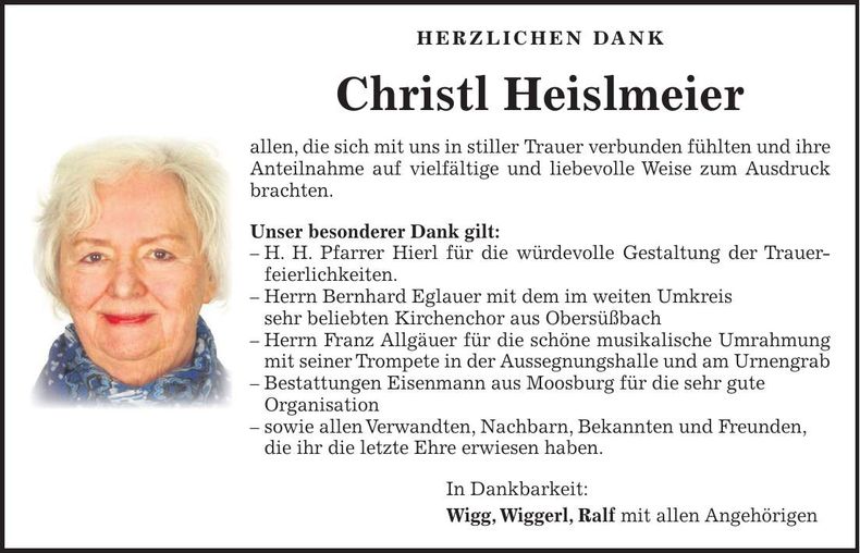 Traueranzeige Christl Heislmeier