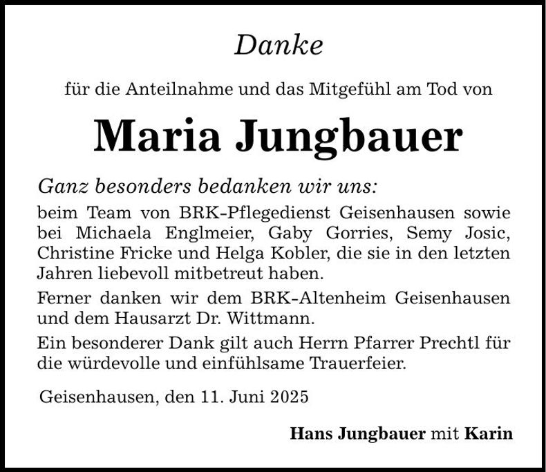 Traueranzeige Maria Jungbauer