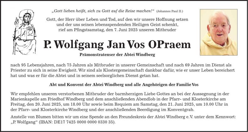 Traueranzeige P. Wolfgang Jan Vos OPraem