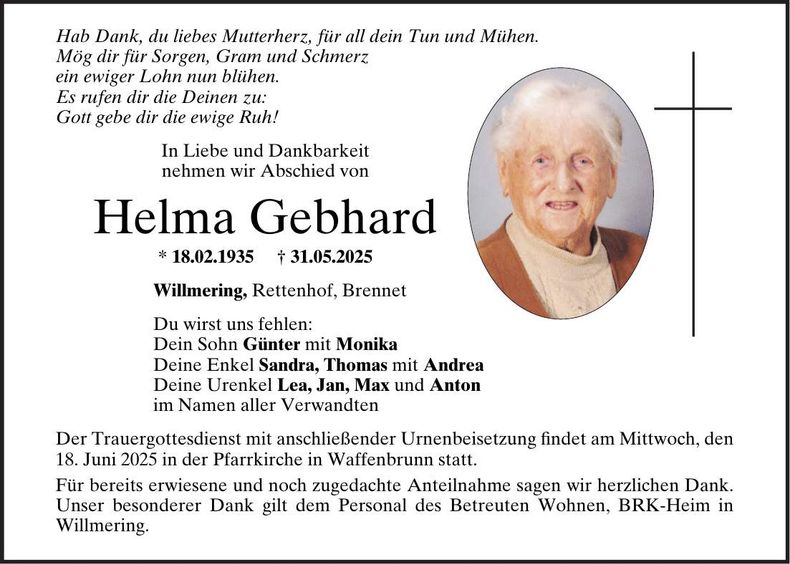 Traueranzeige Helma Gebhard