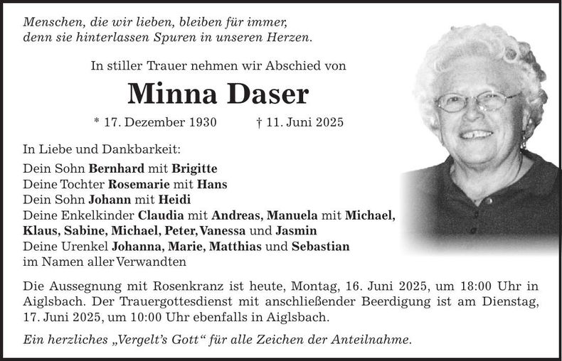 Traueranzeige Minna Daser