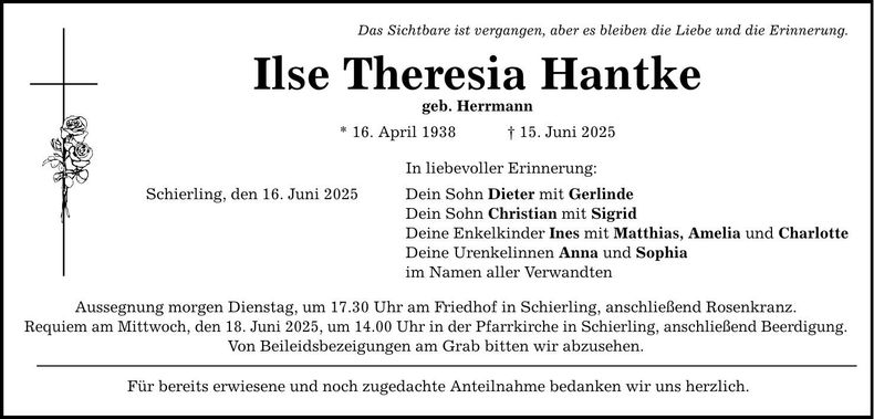 Traueranzeige Ilse Theresia Hantke