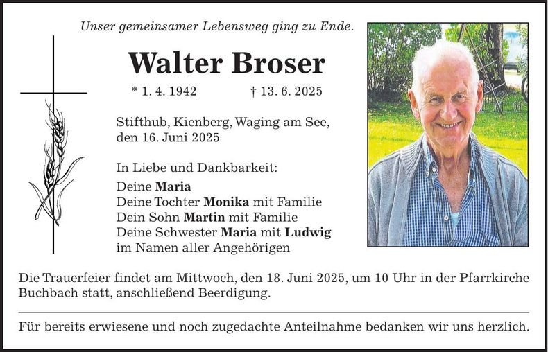 Traueranzeige Walter Broser