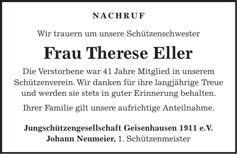 Traueranzeige Therese Eller