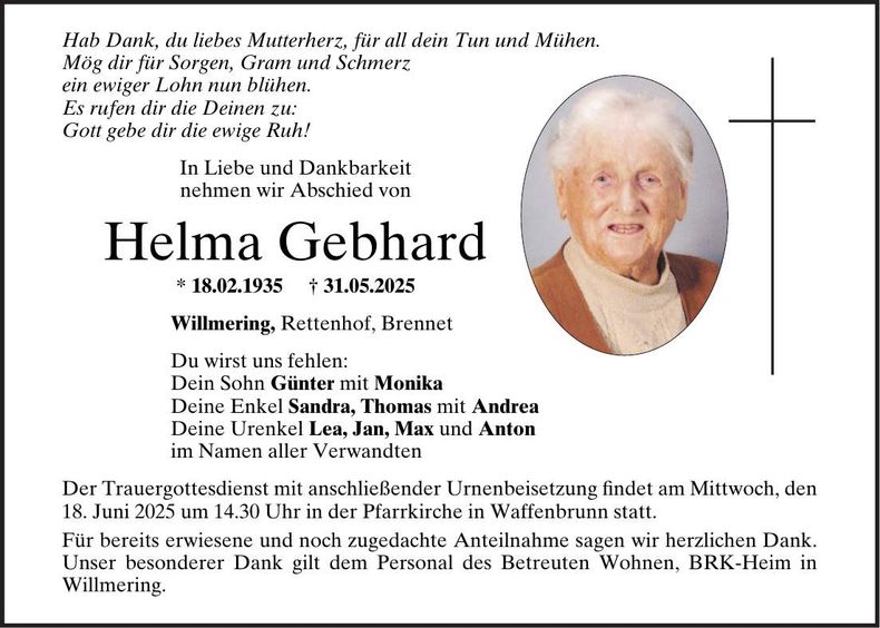 Traueranzeige Gebhard Helma