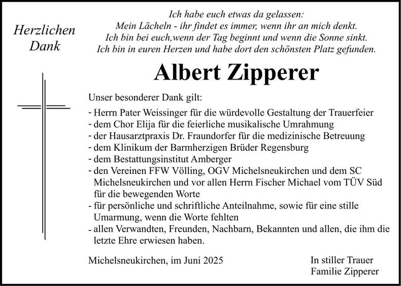 Traueranzeige Albert Zipperer