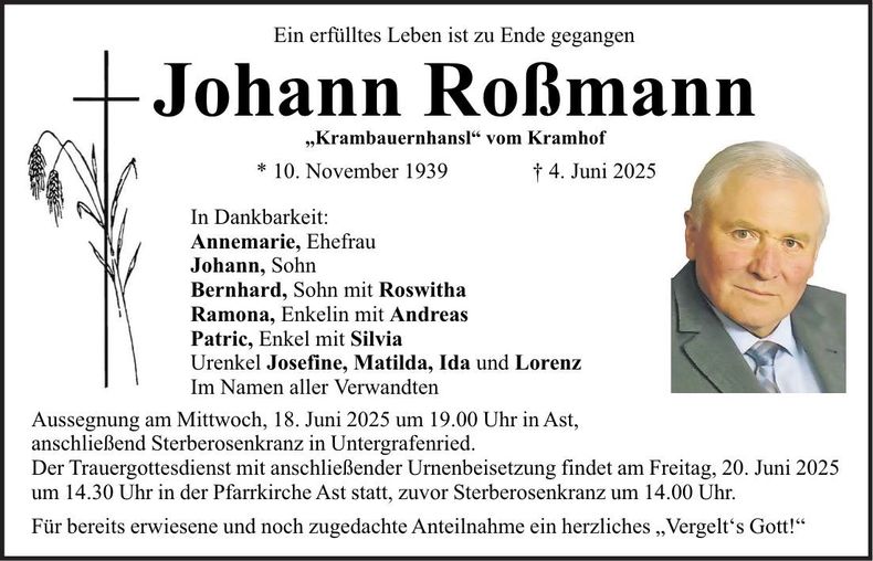 Traueranzeige Johann Roßmann