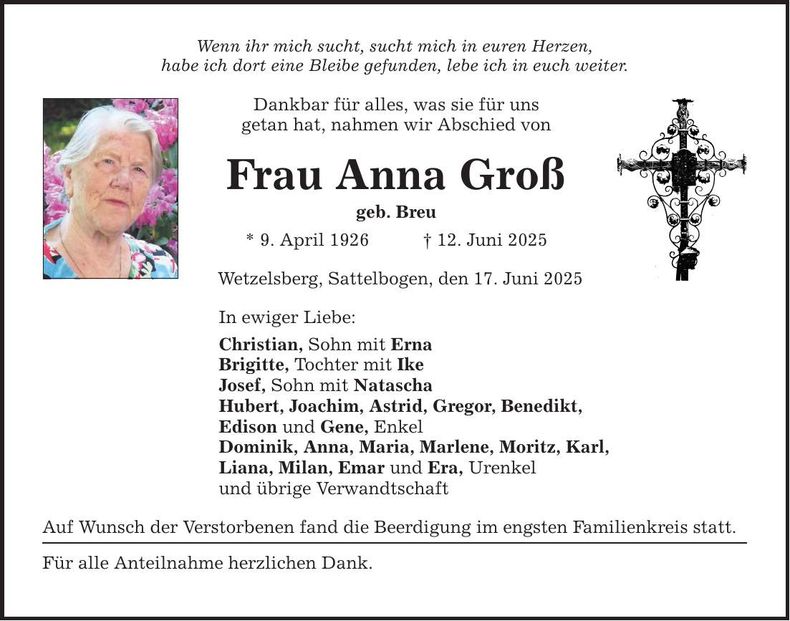 Traueranzeige Anna Groß