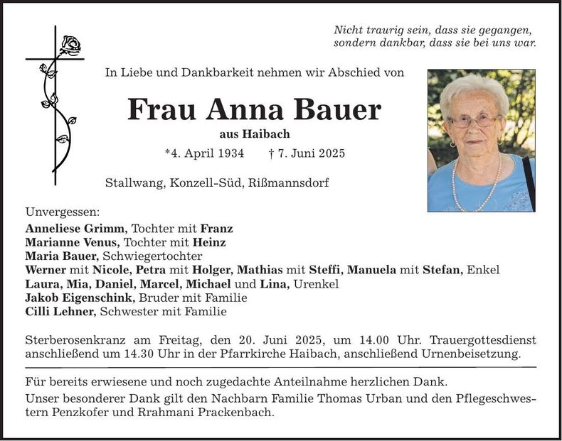 Traueranzeige Anna Bauer