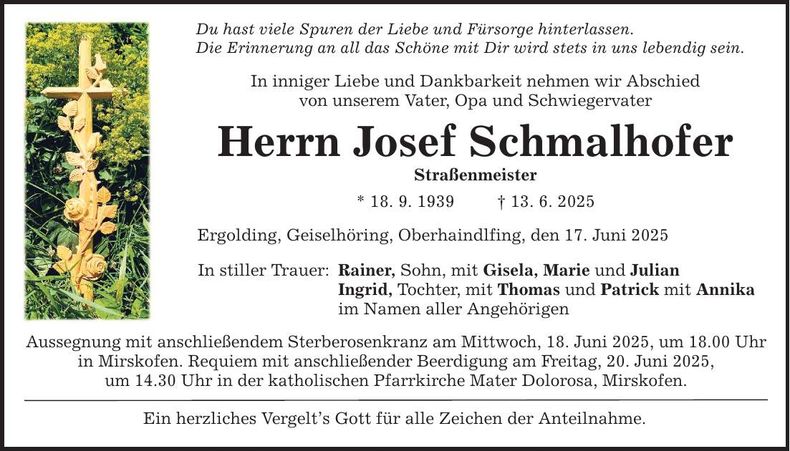 Traueranzeige Josef Schmalhofer