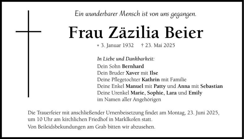 Traueranzeige Zäzilia Beier