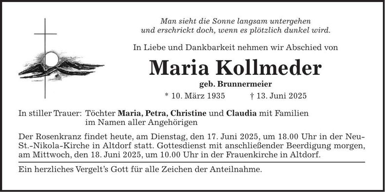 Traueranzeige Maria Kollmeder