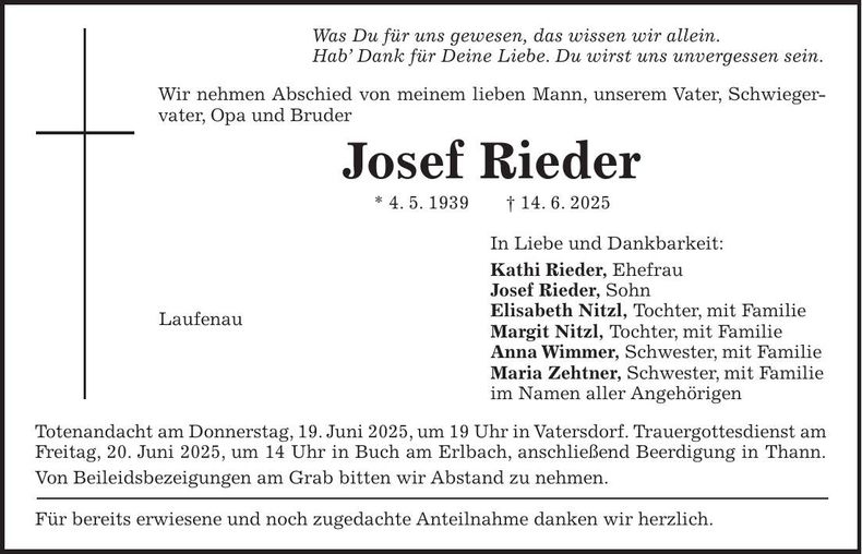 Traueranzeige Josef Rieder