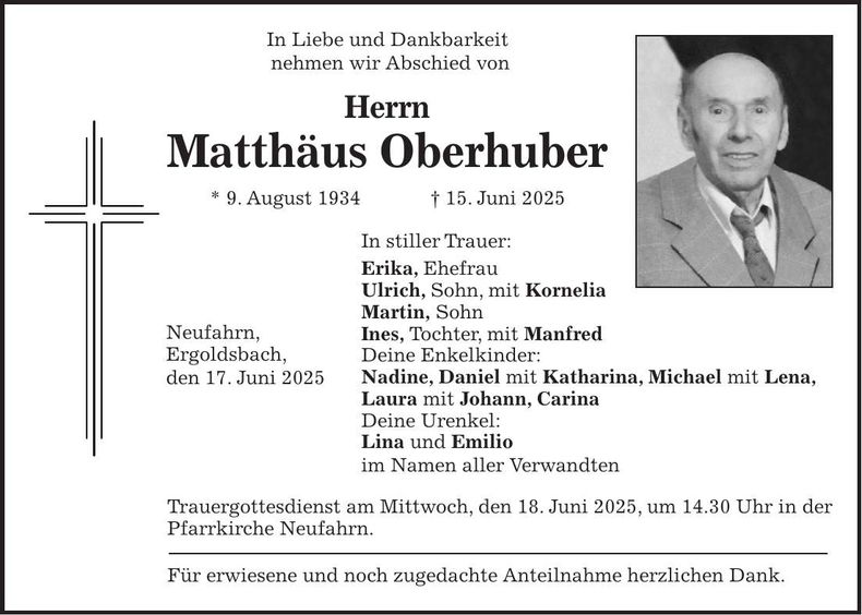 Traueranzeige Matthäus Oberhuber