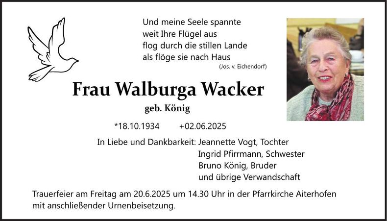 Traueranzeige Walburga Wacker