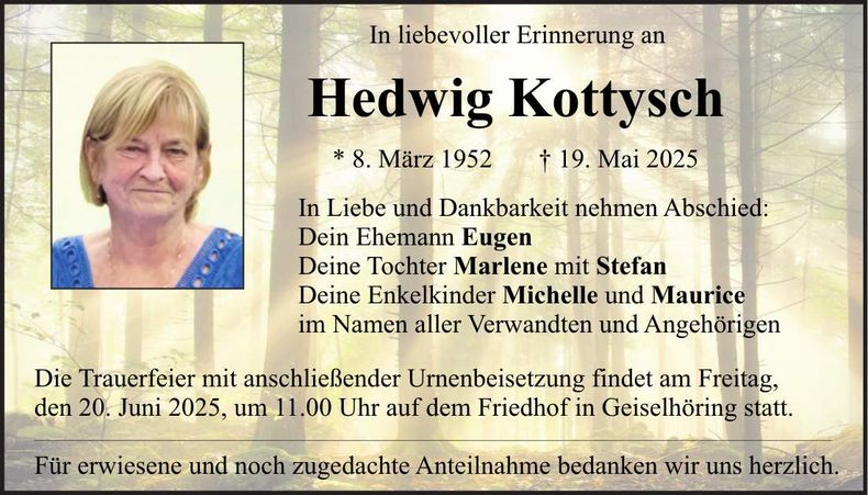 Traueranzeige Hedwig Kottysch