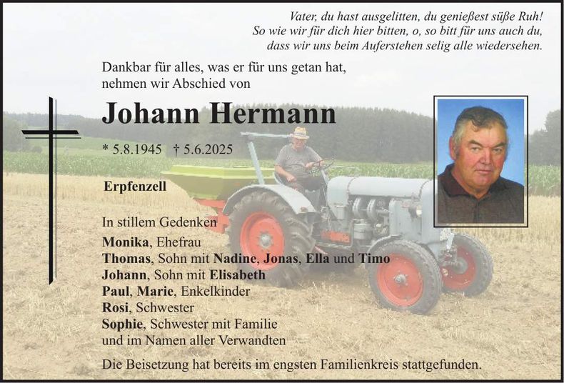 Traueranzeige Johann Hermann
