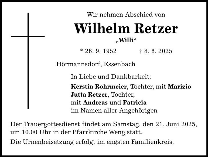 Traueranzeige Wilhelm Retzer