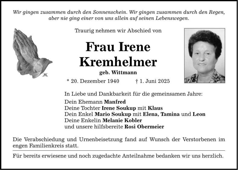 Traueranzeige Irene Kremhelmer