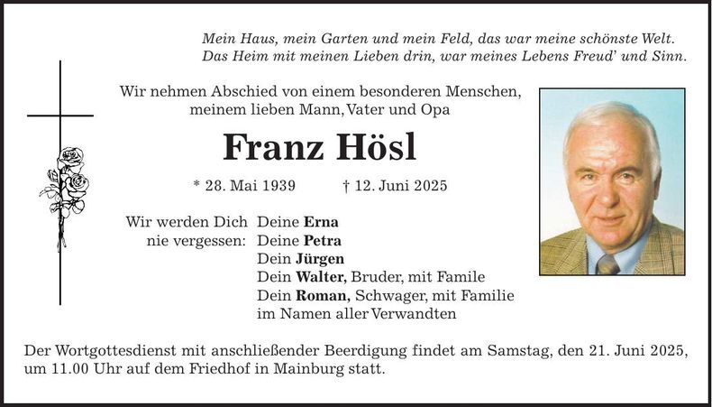 Traueranzeige Franz Hösl