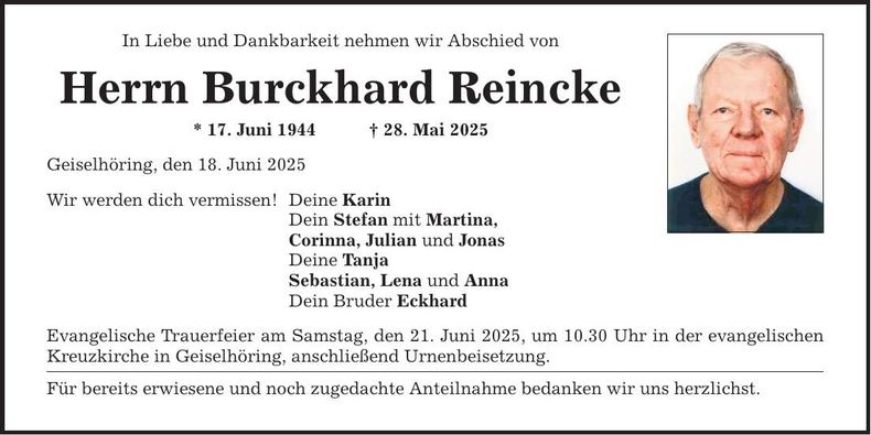 Traueranzeige Burckhard Reincke