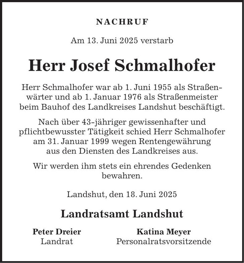 Traueranzeige Josef Schmalhofer