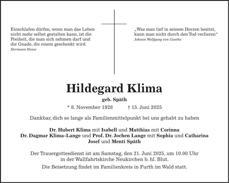 Traueranzeige Hildegard Klima