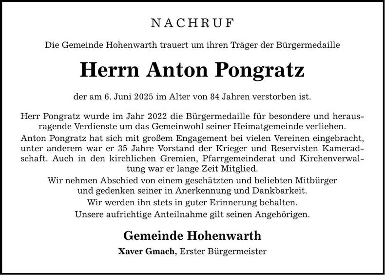 Traueranzeige Anton Pongratz