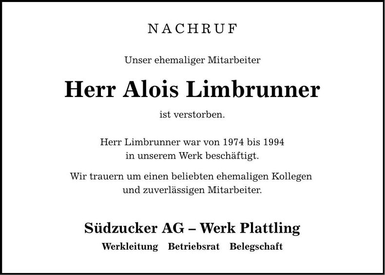 Traueranzeige Alois Limbrunner