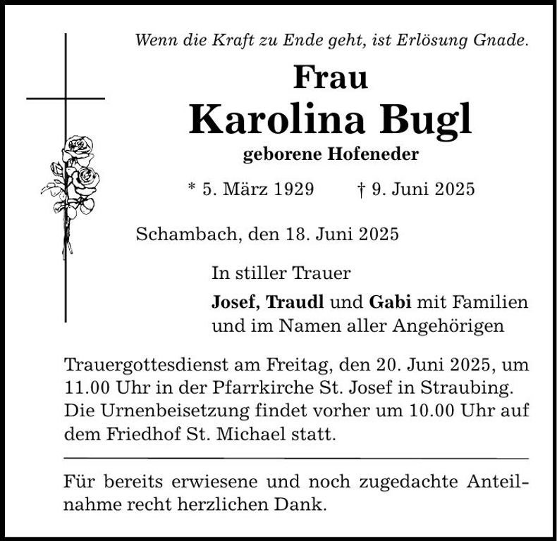 Traueranzeige Karolina Bugl