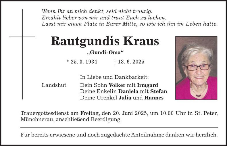 Traueranzeige Rautgundis Kraus