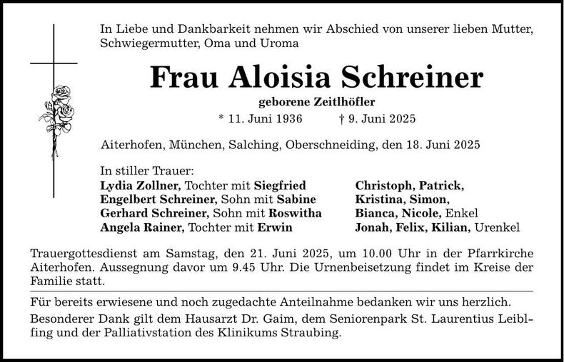 Traueranzeige Aloisia Schreiner