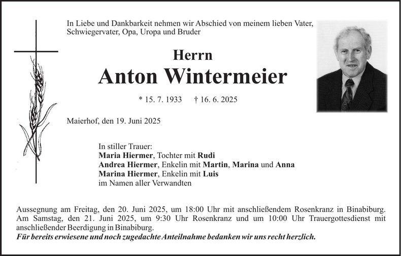 Traueranzeige Anton Wintermeier