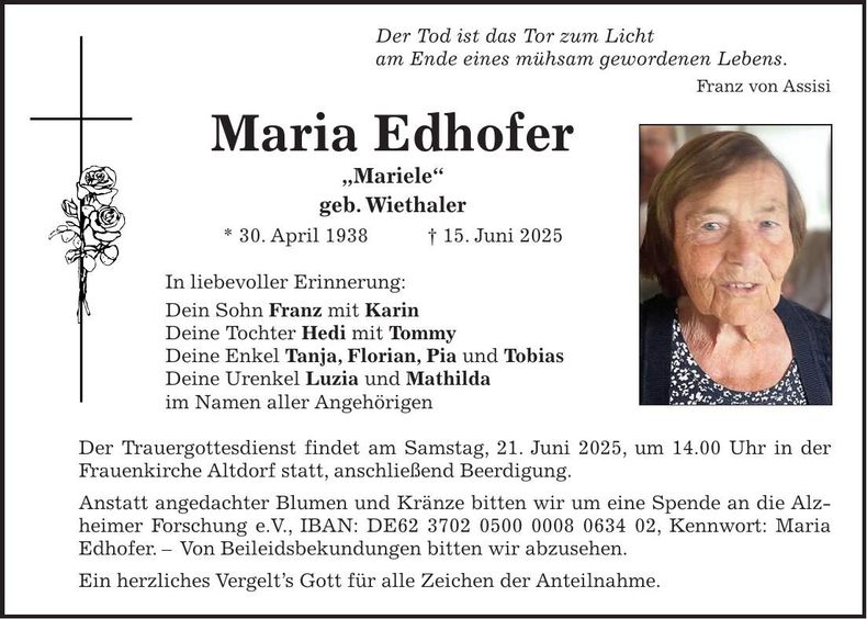 Traueranzeige Mariele Edhofer