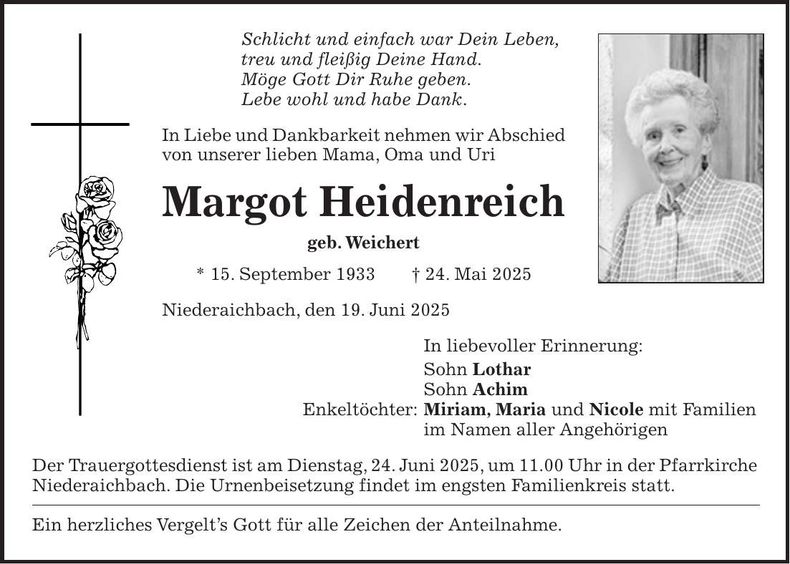 Traueranzeige Margot Heidenreich