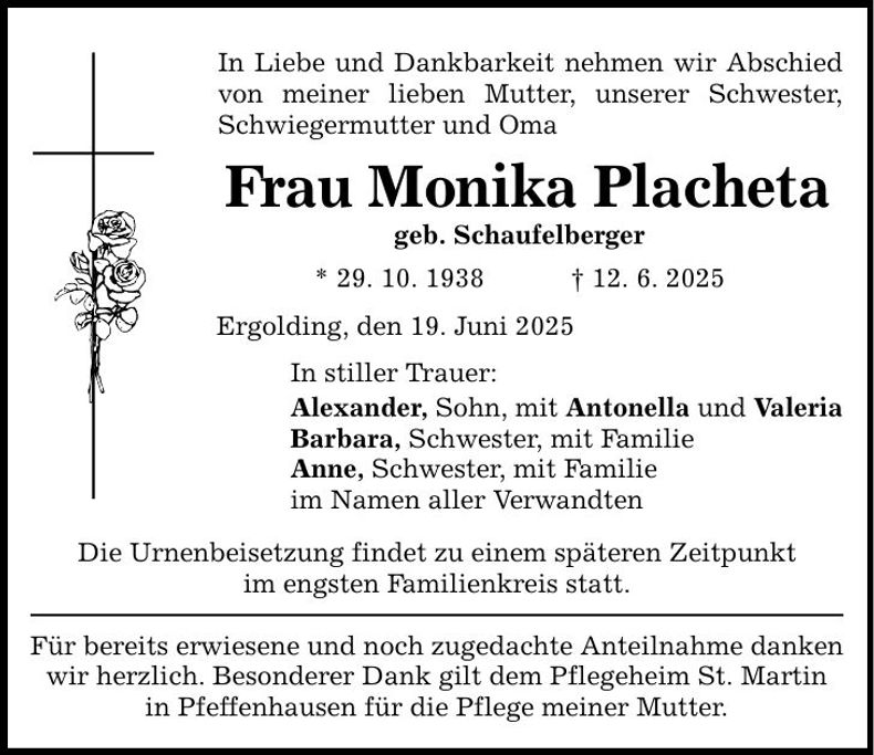 Traueranzeige Monika Placheta