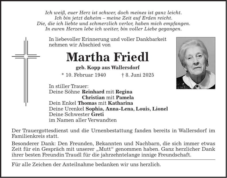 Traueranzeige Martha Friedl