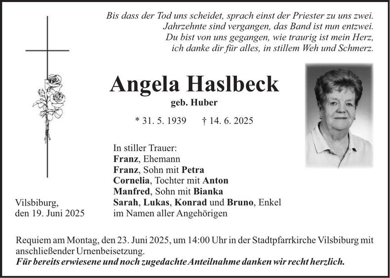 Traueranzeige Angela Haslbeck
