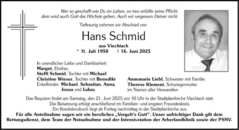 Traueranzeige Hans Schmid