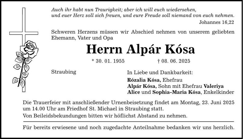 Traueranzeige Alpár Kósa