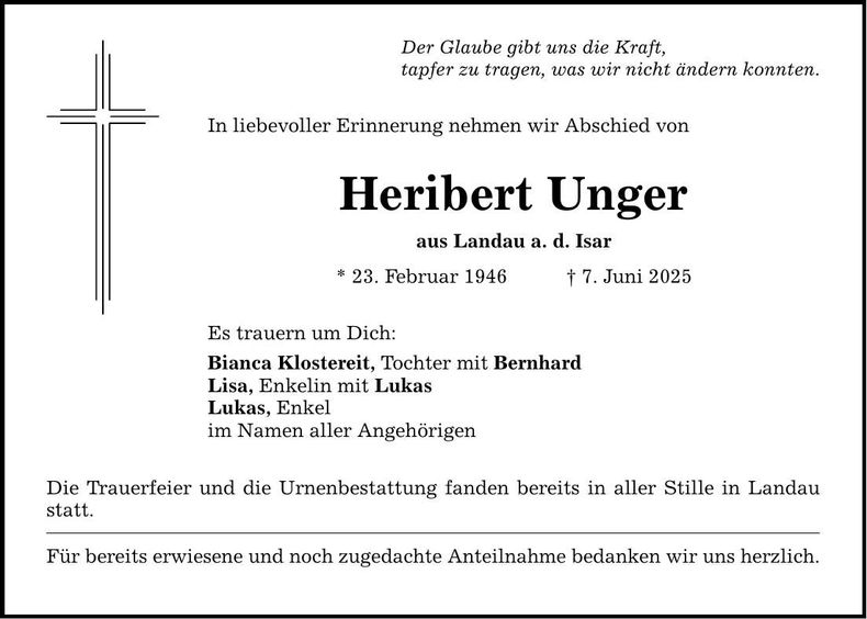 Traueranzeige Heribert Unger