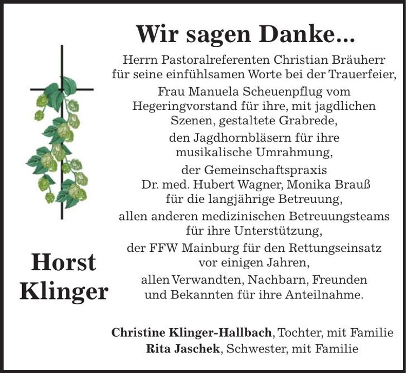 Traueranzeige Horst Klinger