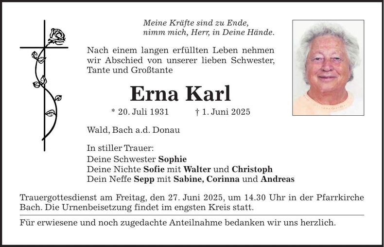 Traueranzeige Erna Karl