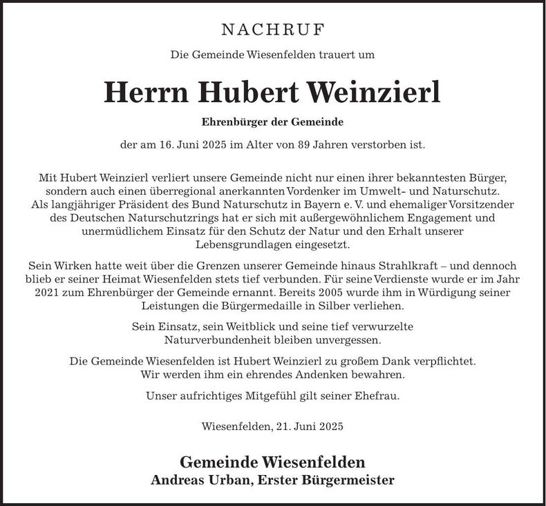 Traueranzeige Hubert Weinzierl